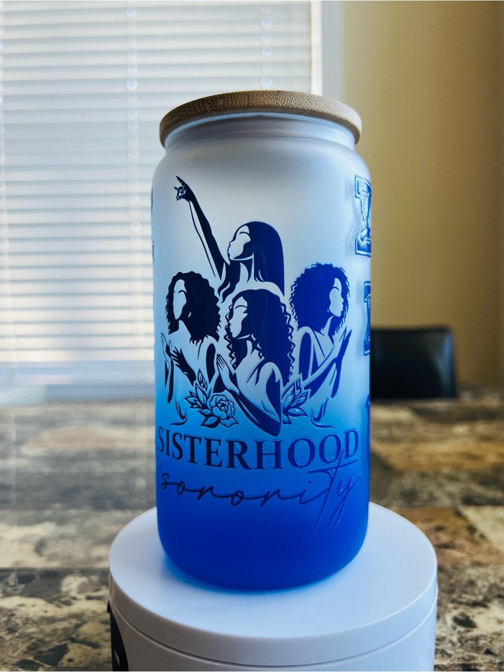 Sisterhood Serenity Blue Ombre Glass 16oz Tumbler with Bamboo Lid